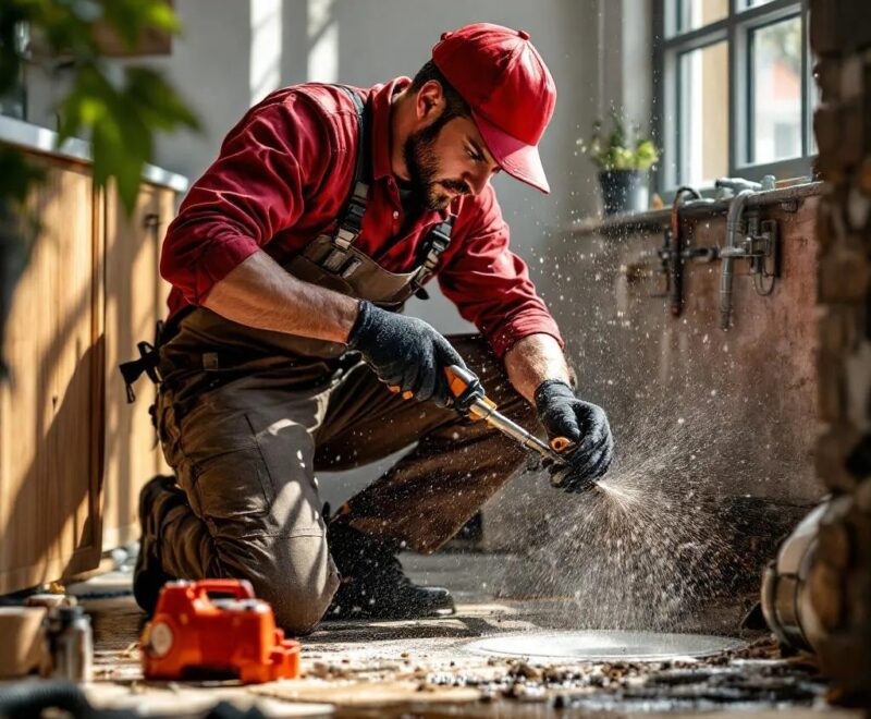 blocked-drain-repair-crusaders-plumbing-technician-using-professional-drag-rod-to-clear-sewer-line-in-weltevredenpark-home
