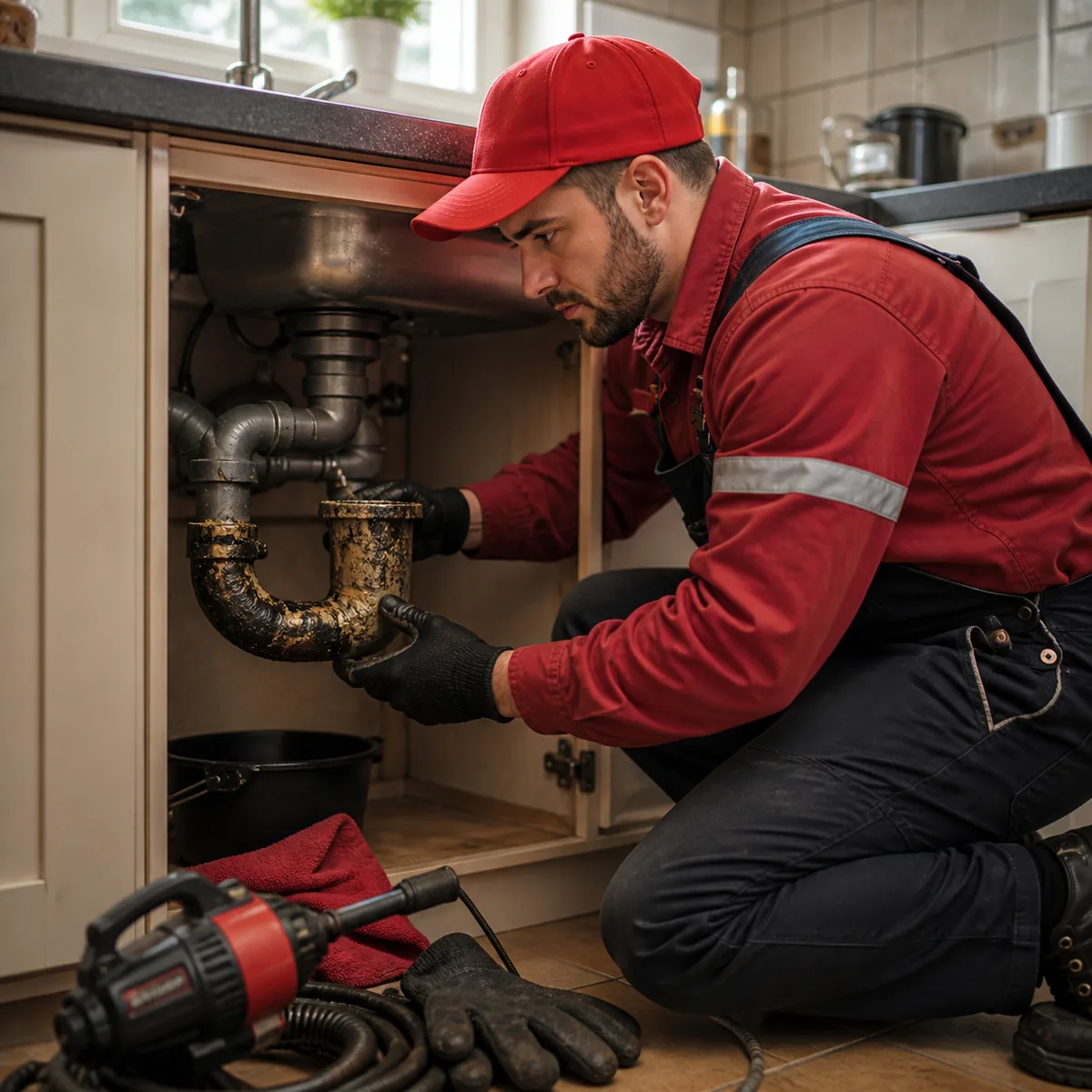 Drain cleaning Roodepoort service by Crusaders Plumbing inside a warm residential kitchen, where a technician in red workwear checks a greasy waste pipe under the sink with cleaning tools ready to remove buildup that can cause repeat blocked drains.