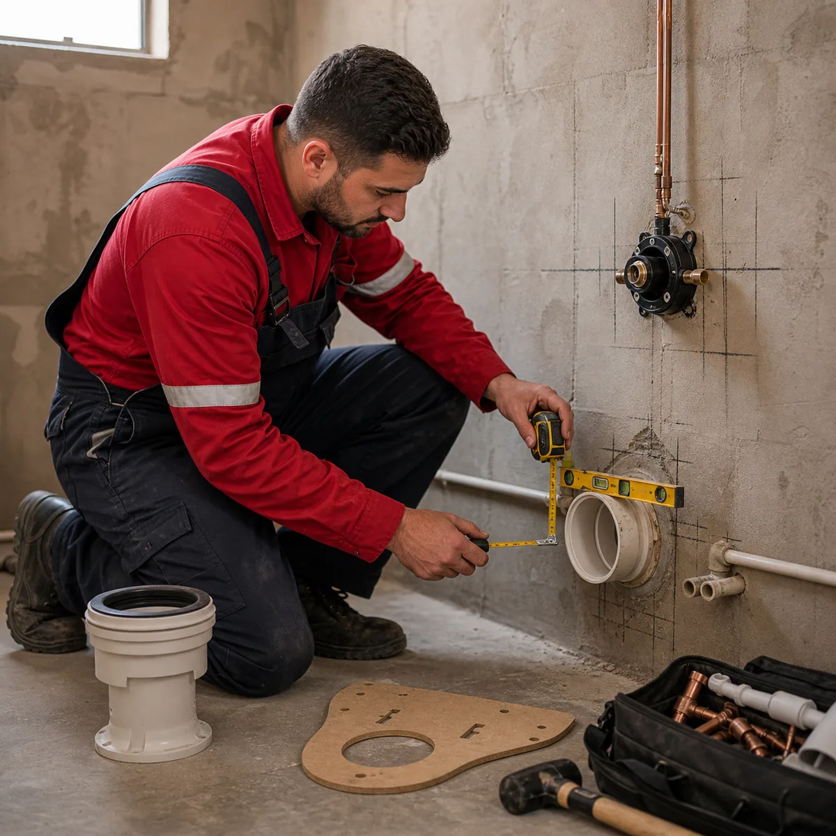 Toilet installation Roodepoort set-out check during a bathroom renovation, showing a Crusaders Plumbing technician confirming the toilet waste position, concealed mixer depth and wall plumbing alignment before the final tiles and fixtures are fitted.