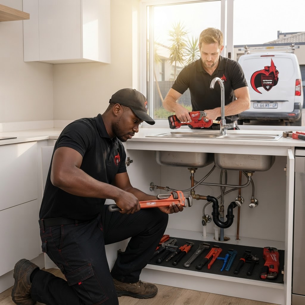 Plumbing technicians performing a kitchen renovation upgrade on pipes in a Florida home.