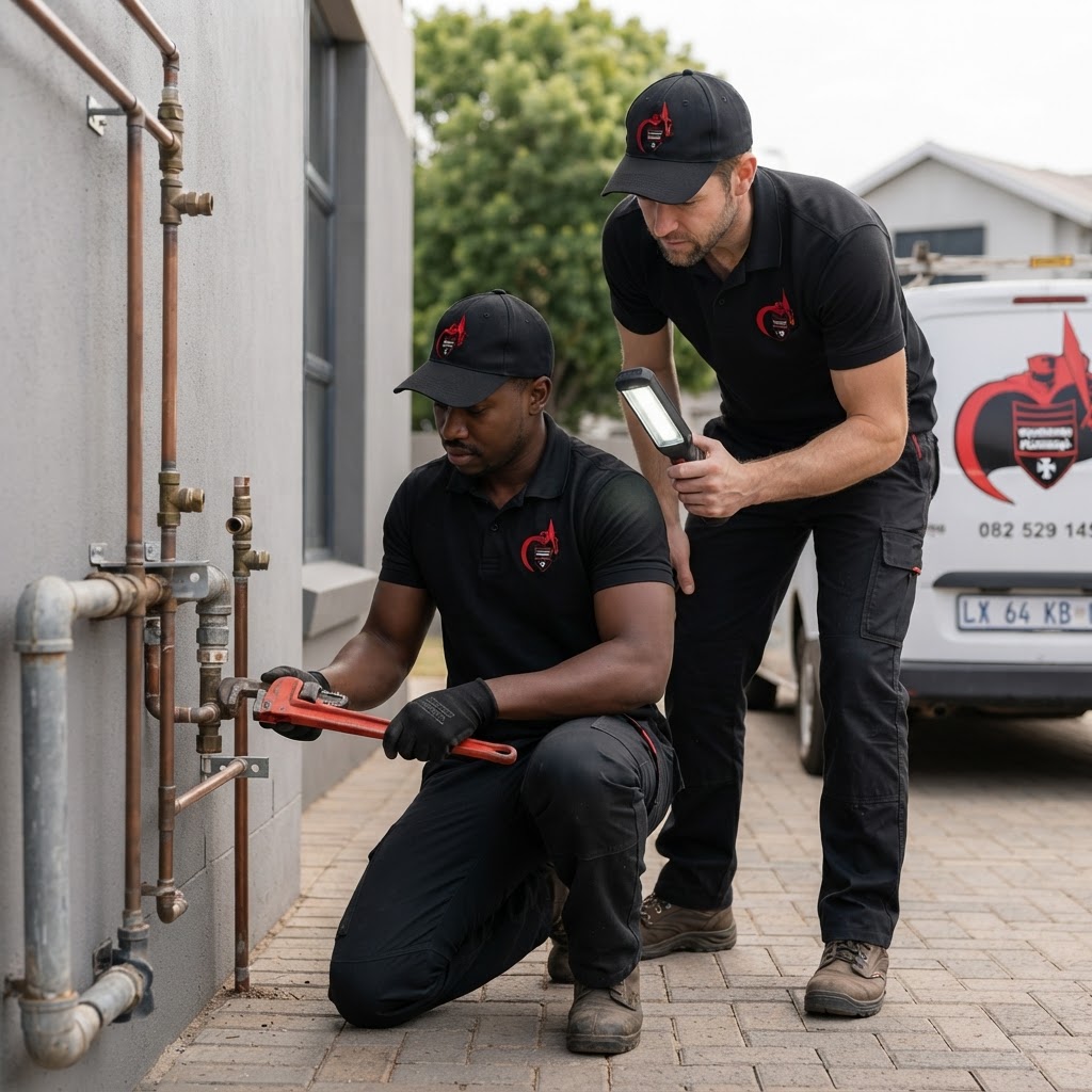 Professional plumbers collaborating on a residential repair in Roodepoort for efficient emergency service.