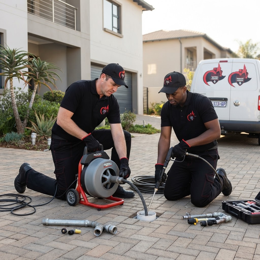 Two Crusaders Plumbing technicians use a professional snake and jetter to clear a blocked drain at a Weltevredenpark home.