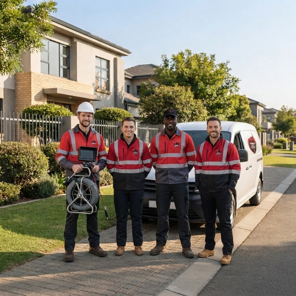 Diverse professional plumbers in high-vis gear stand by a service van outside a modern suburban home.