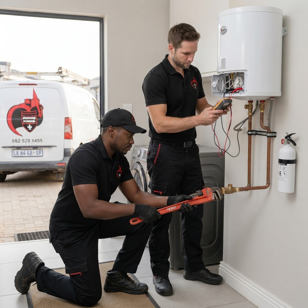 A professional technician performing an electric geyser repair for a home in Fourways, Johannesburg.