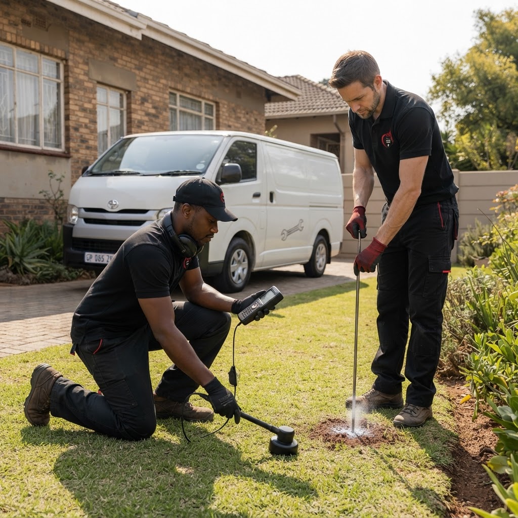 Two plumbers in uniforms using professional leak detection equipment in a sunlit Roodepoort garden.