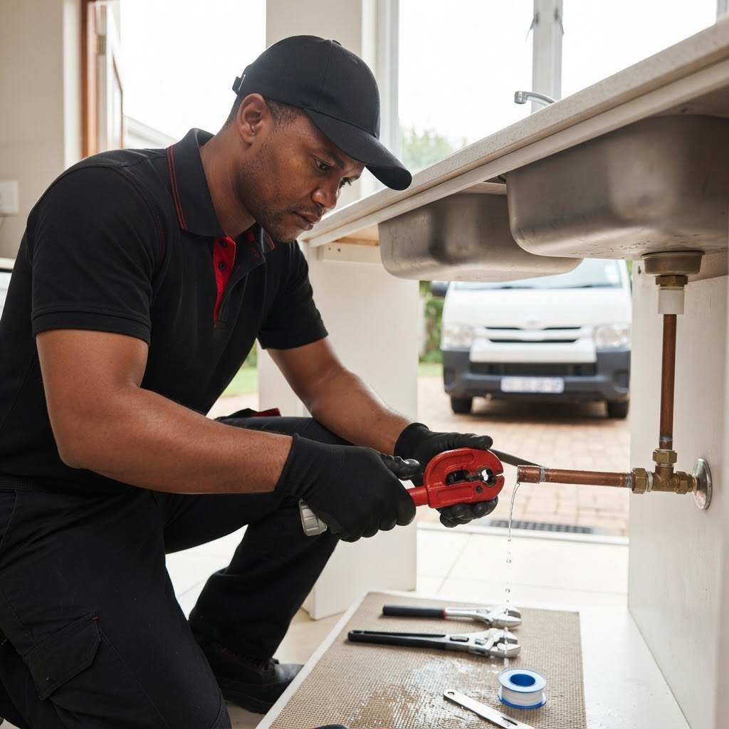 Professional plumbing team performing residential pipe repairs for a homeowner in Roodepoort.
