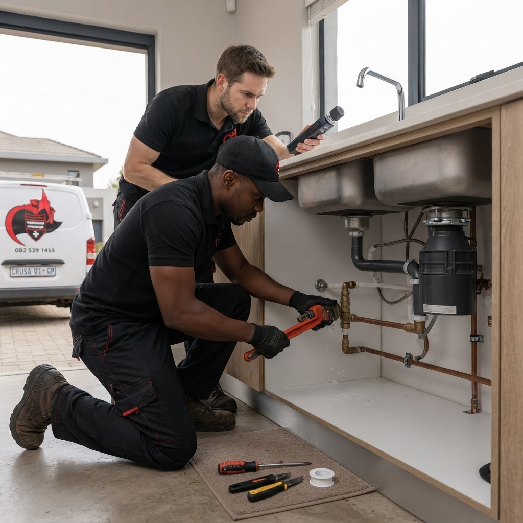 Two plumbers in black uniforms inspect a kitchen pipe leak using a wrench and acoustic detector in a modern home.