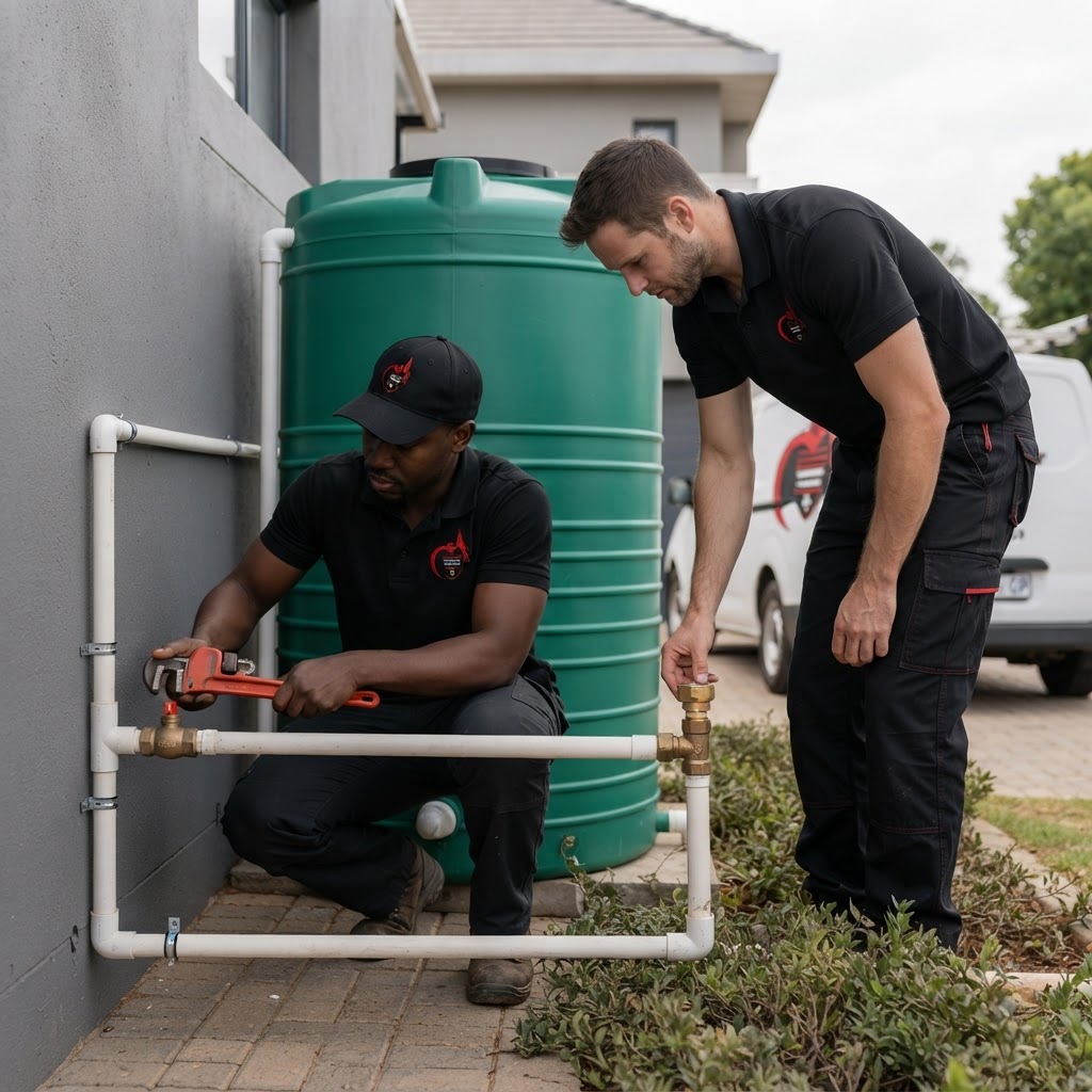 Professional plumbers installing a residential water tank at a home in Weltevredenpark.