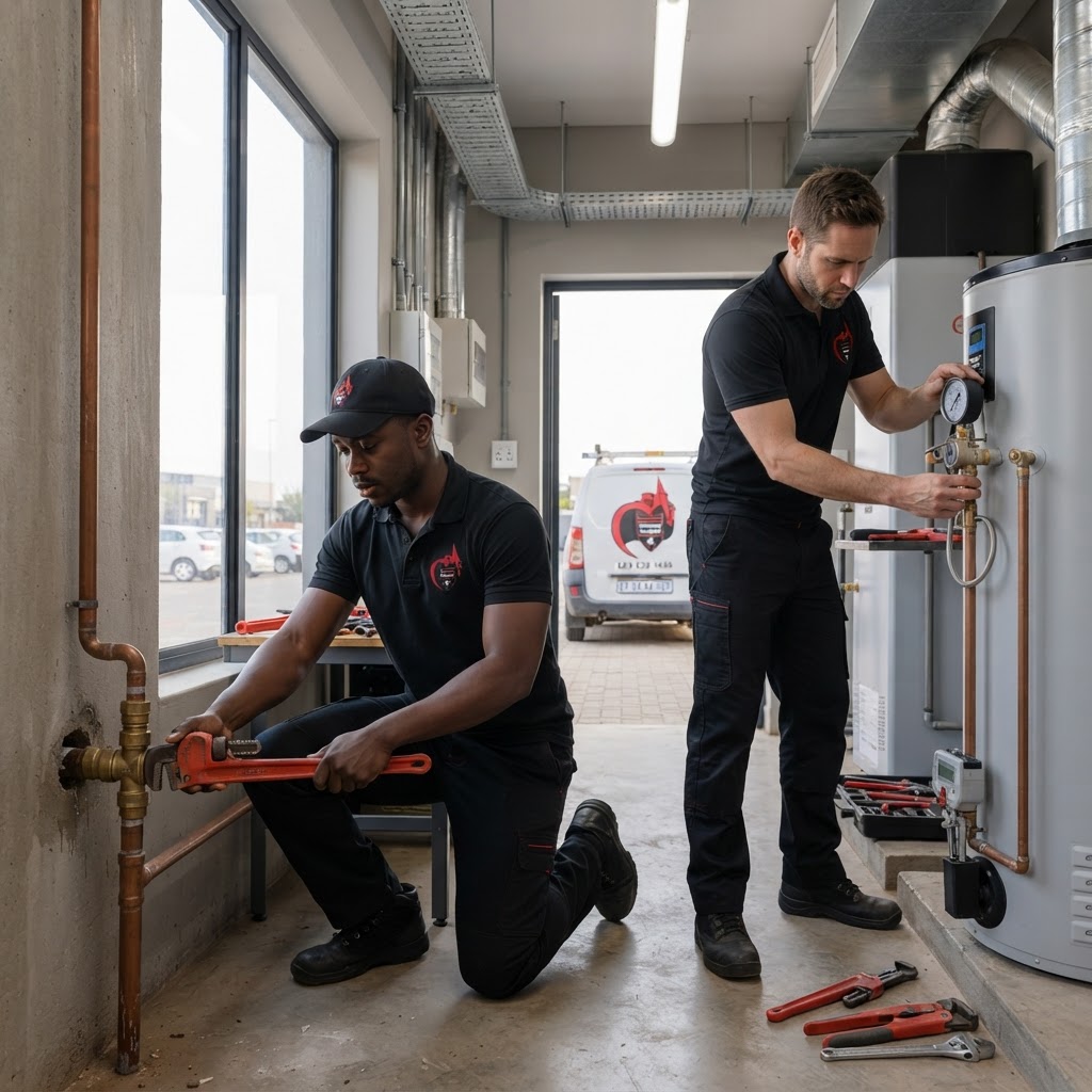 Professional plumbers performing commercial plumbing maintenance in a Weltevredenpark office complex utility room.