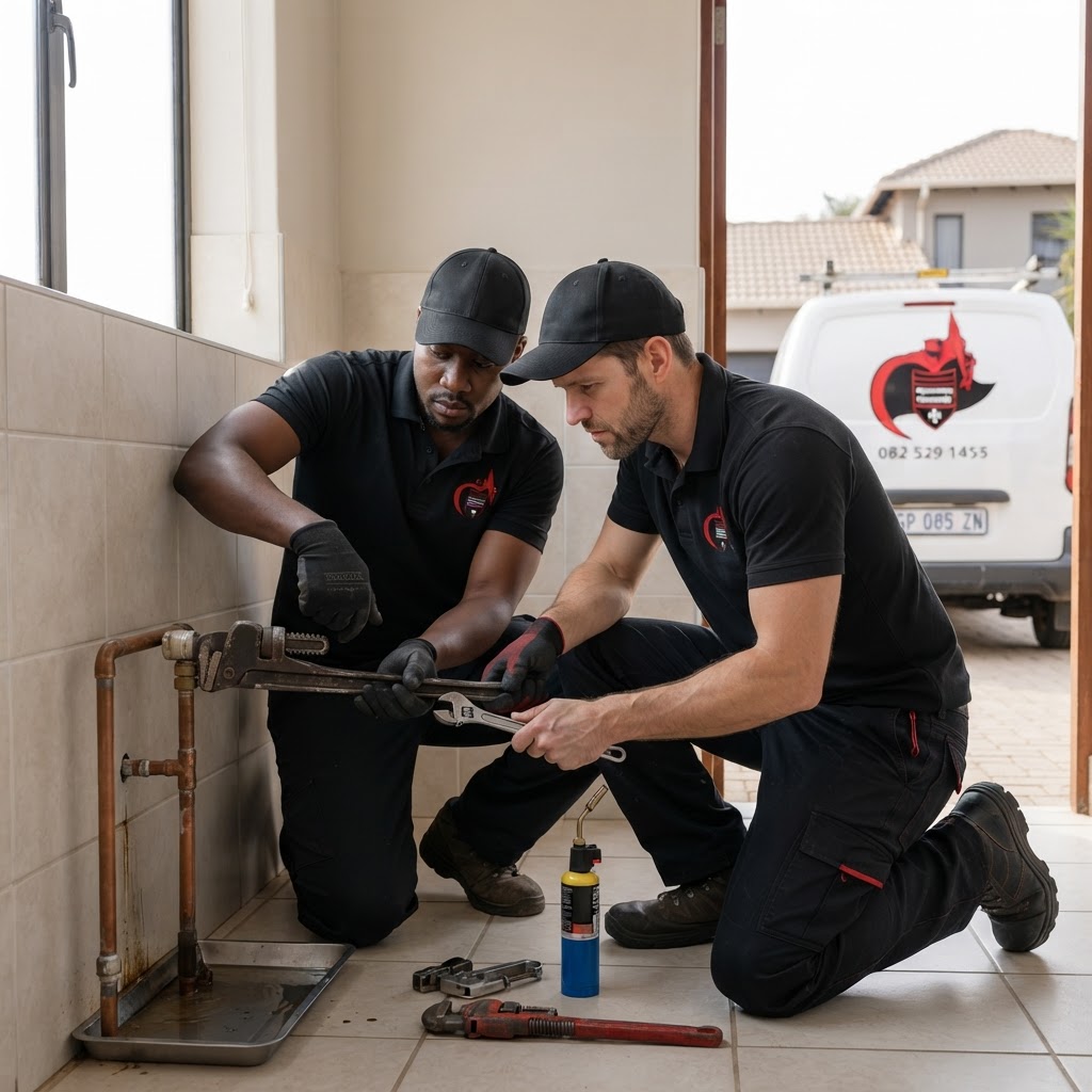 Two professional plumbers performing an emergency pipe repair in a Roodepoort home during winter.