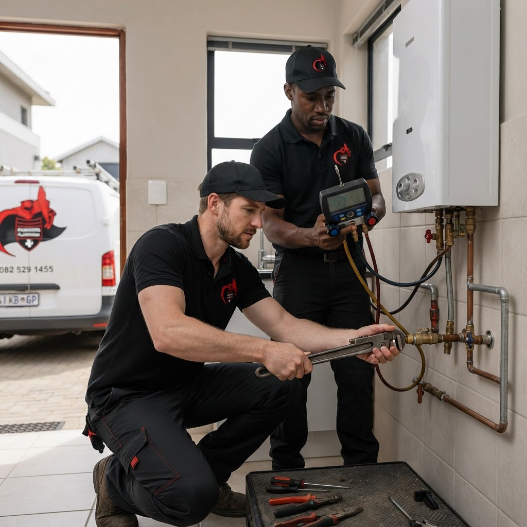 Technicians performing emergency gas geyser repairs for a Fourways home.