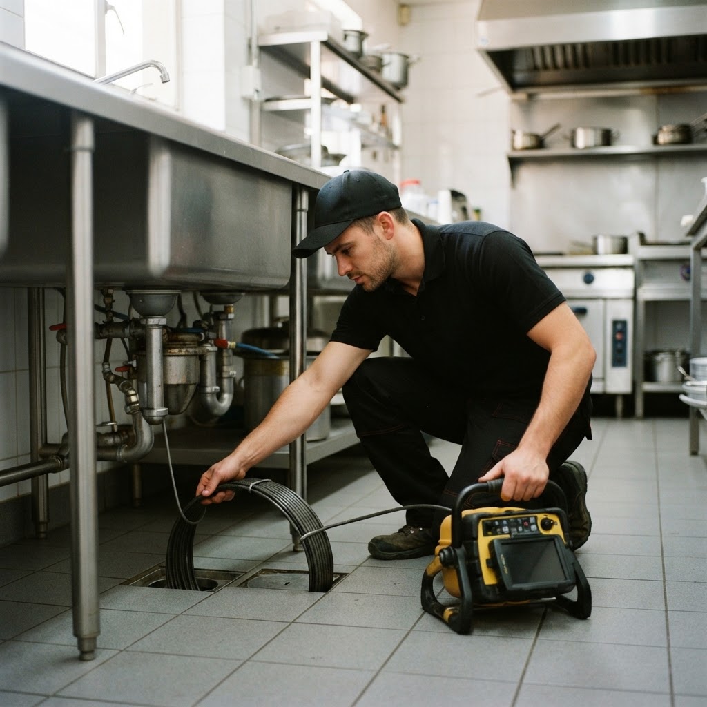 Professional maintenance technician inspecting a commercial kitchen drainage system in a Sandton facility.